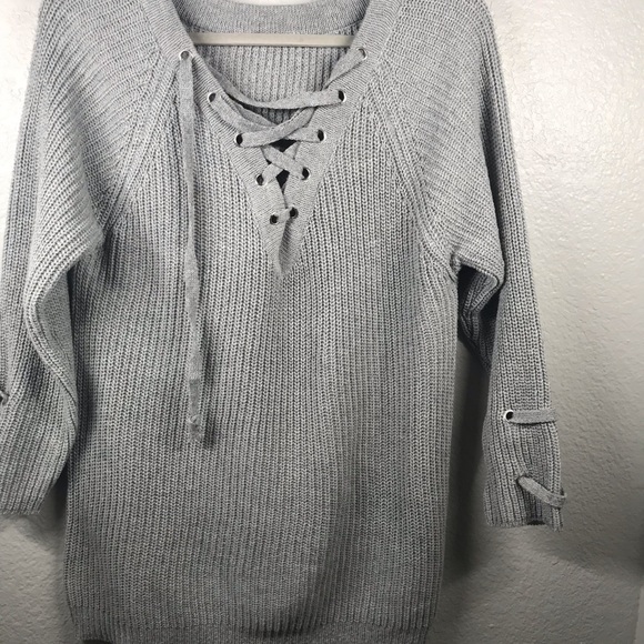 Grey Lace Up Oversized Knit Sweater - Picture 5 of 8